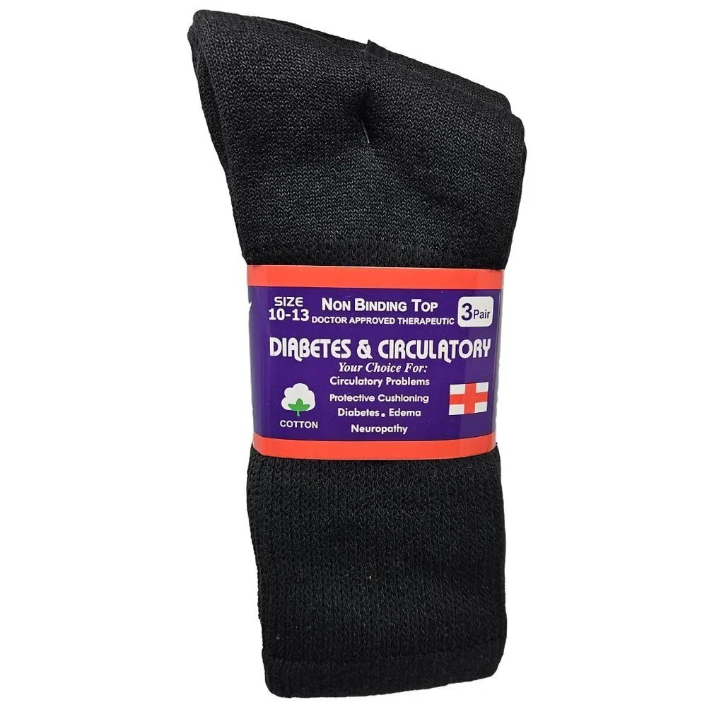 Bundle of 6 Pairs of Diabetic Socks, Black and White, Size 10-13